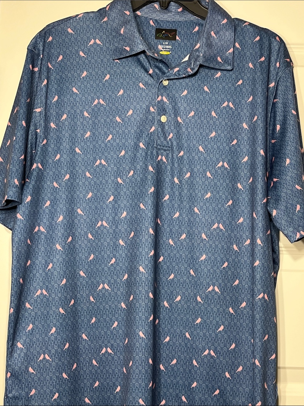 Greg Norman Play Dry Golf Polo Shirt Large Blue Pink Bird Print
